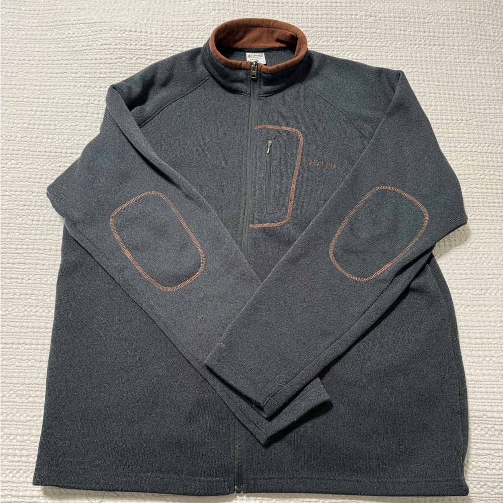Columbia Men's Dark Gray Zip-Up Sweater with Brown Trim